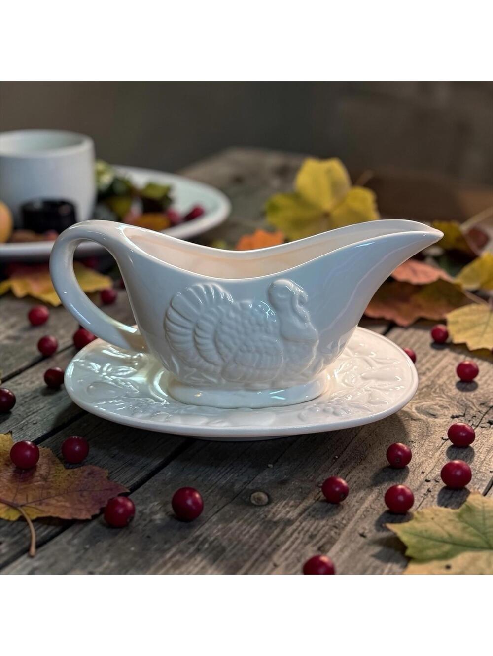 Thanksgiving White Ceramic Embossed Turkey Fruit Vine Gravy Boat w/Under Plate